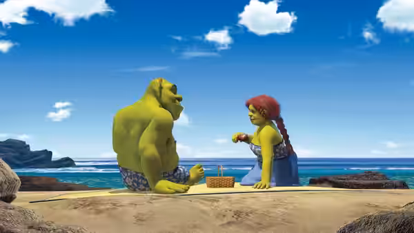 Shrek and Fiona sit across a picnic basket on a sunny beach