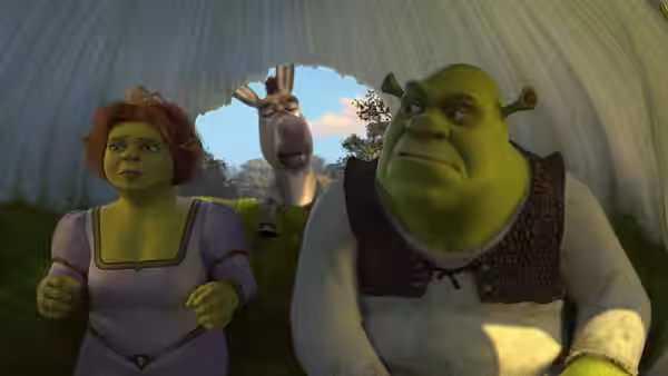 Fiona and Shrek hurry through a torn tent as Donkey follows behind