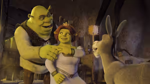 Shrek embraces Fiona while Donkey watches inside a rustic room