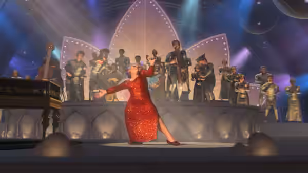 Fairy Godmother performs in a red gown before a crowd on a brightly lit stage