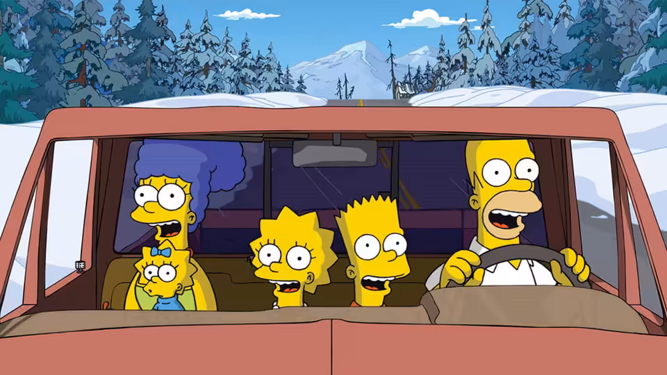 The Simpson family rides in a car through a snowy forest