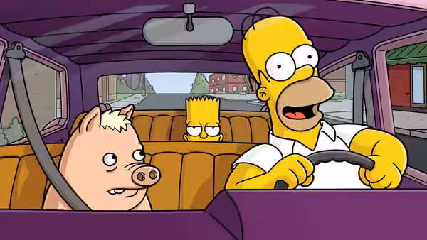 Homer Simpson (Dan Castellaneta) drives with Bart and a pig in the back seat