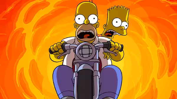 Homer and Bart ride a motorcycle through a swirling orange tunnel