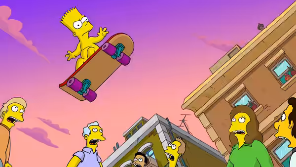 Bart Simpson (Nancy Cartwright) performs an airborne skateboard trick above Springfield residents