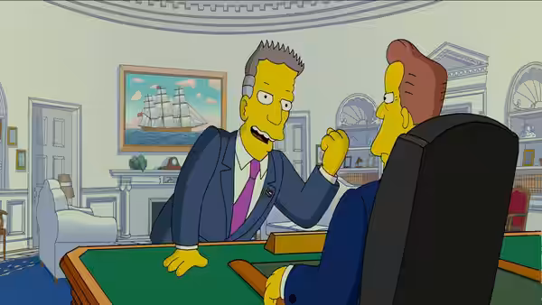 President Arnold Schwarzenegger (Harry Shearer) gestures across a table to Russ Cargill (Albert Brooks)