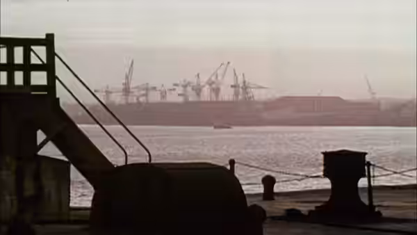 Silhouetted waterfront steps overlook a harbor with cranes on the far shore