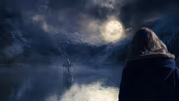 A girl in a blue coat gazes across a moonlit lake toward a small pavilion