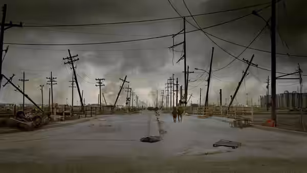 The Father and Boy push their cart along a deserted road lined with leaning power poles