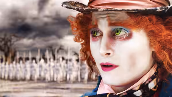 The Mad Hatter (Johnny Depp) gazes across a field of upright swords