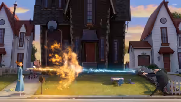 Lucy (Kristen Wiig) and Gru (Steve Carell) fire beams across a suburban lawn