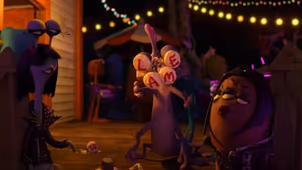 A monster raises a hand spelling out “FAME” beside two partygoers