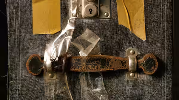 A weathered suitcase is secured with a leather strap and metal locks