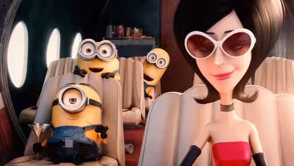 Scarlet Overkill (Sandra Bullock) sits in an airplane cabin as Minions lounge behind her