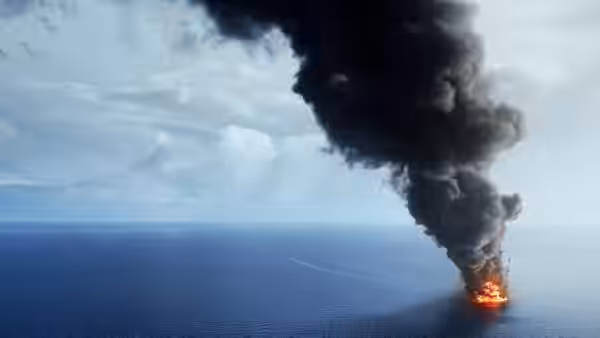 A burning offshore rig sends a towering plume of black smoke over the sea