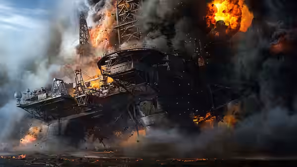 The Deepwater Horizon drilling rig erupts in flames and smoke above the water