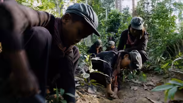 Children crouch in the forest, digging into the earth
