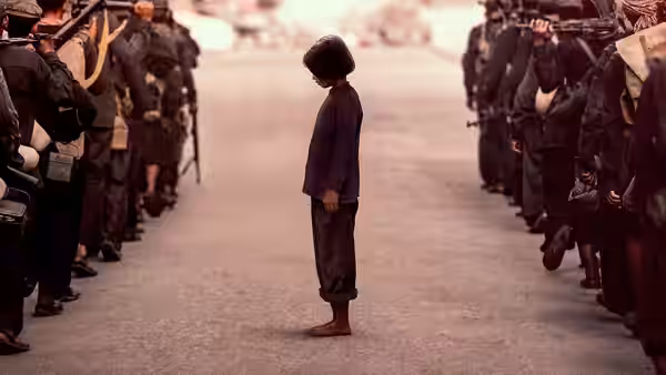 A child stands with head bowed between two lines of armed soldiers