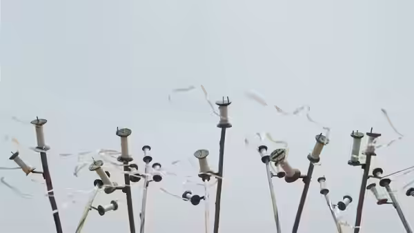 White ribbons flutter between tall poles in an open field