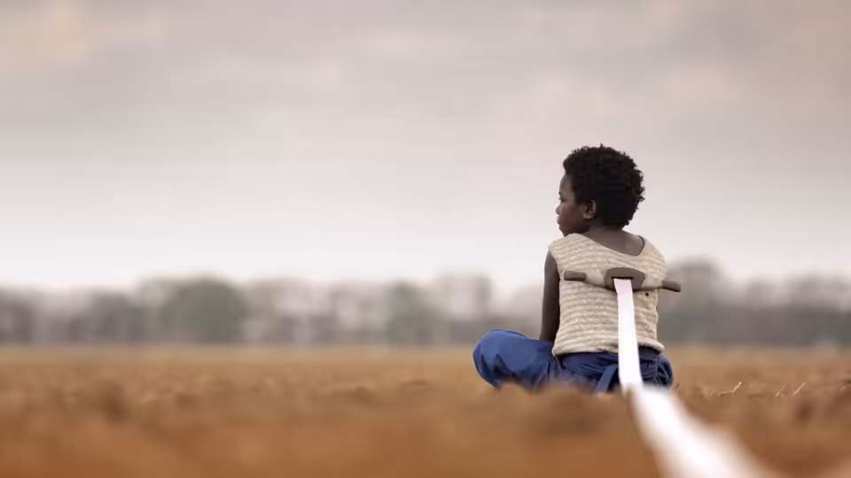 Shula sits alone in a dry field, tethered by a white ribbon