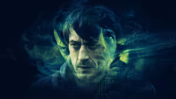 A man's overlapping faces emerge against a dark field of handwritten notes and diagrams