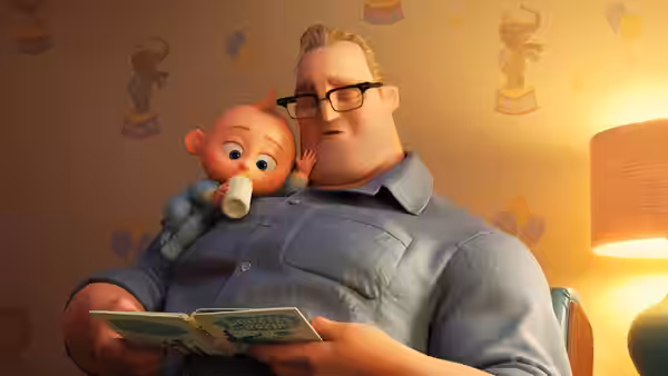 Bob Parr reads to baby Jack-Jack, who drinks from a bottle on his shoulder