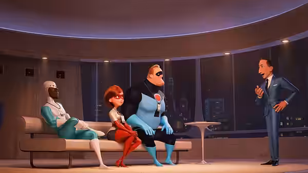 Bob and Helen Parr meet Winston Deavor in a high-rise lounge