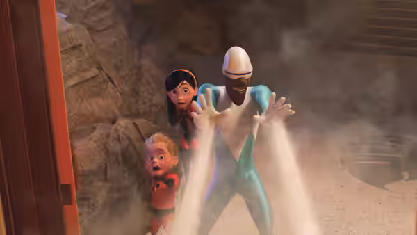 Violet, Dash and Frozone recoil as water sprays through a rocky underground passage
