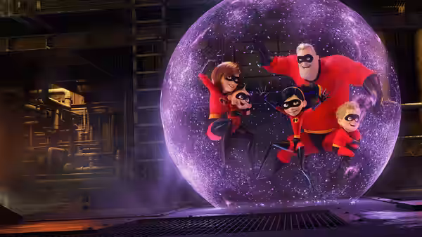 The Parr family huddles inside a glowing purple force field in a dark industrial space
