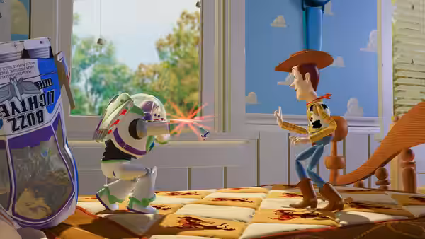 Buzz Lightyear aiming his laser at Woody in a bedroom
