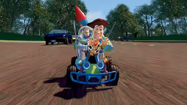 Woody and Buzz Lightyear riding in a toy car on a road