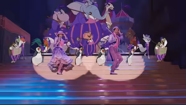 Mary Poppins and Jack dance with penguins on a colorful animated stage