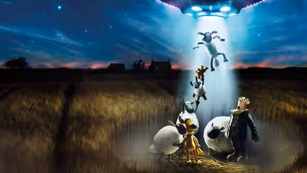 Shaun and the flock watch Lu-La rise into a beam over a field as the Farmer looks on