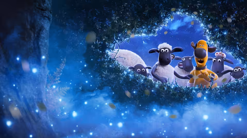 Shaun, the flock and Bitzer peer through a glowing opening in the foliage