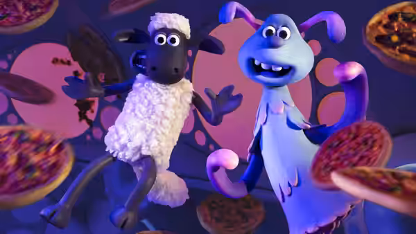 Shaun and Lu-La float among spinning pizzas inside the spaceship
