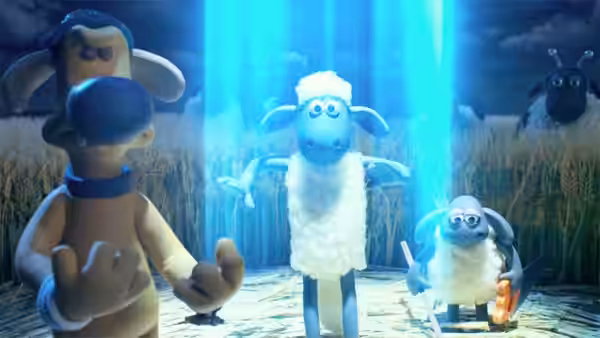 Lu-La floats in a blue beam while Shaun and Timmy stand among the crops