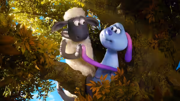 Shaun and Lu-La hide among the bushes, holding hands and looking upward