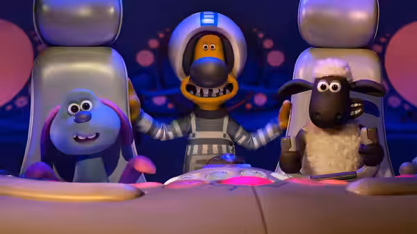 Shaun, Lu-La and the Farmer sit together at the controls inside a spaceship