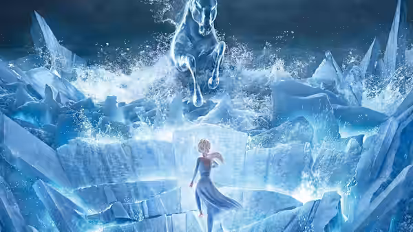 Elsa (Idina Menzel) faces a rearing water spirit horse amid crashing waves and jagged ice