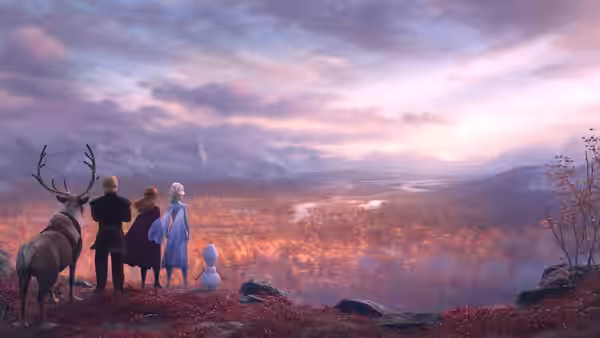 Anna (Kristen Bell), Elsa (Idina Menzel), Olaf (Josh Gad) and Kristoff (Jonathan Groff) overlook a misty valley with Sven