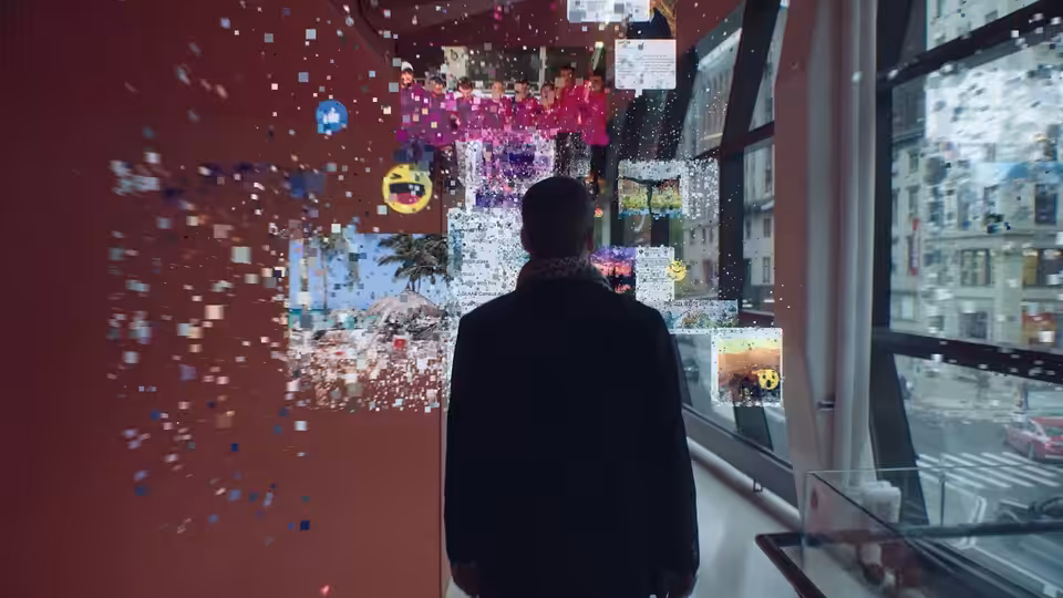 A man stands before a wall of floating digital images beside large windows
