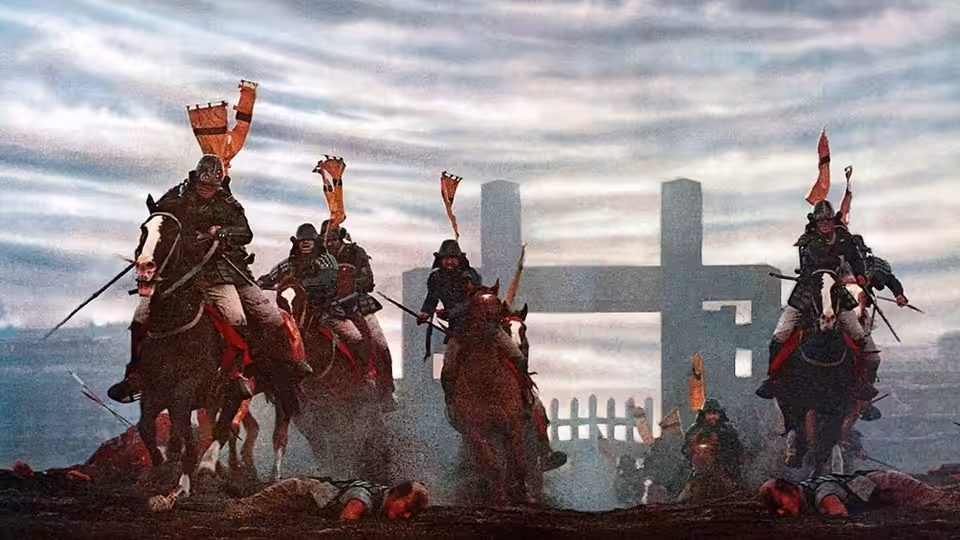 Armored horsemen with banners charging past a large castle gate