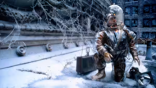 James Cole (Bruce Willis) in protective suit kneels in snow beside a briefcase
