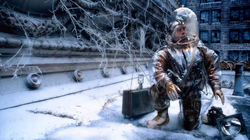 James Cole (Bruce Willis) in protective suit kneels in snow beside a briefcase