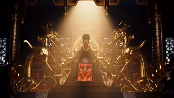 The Emperor (Jet Li) sits beneath a shaft of light on his ornate throne