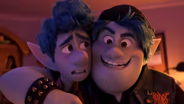 Barley Lightfoot (Chris Pratt) grins with an arm around a worried Ian Lightfoot (Tom Holland)