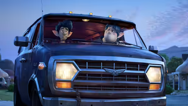 Ian Lightfoot (Tom Holland) and Barley Lightfoot (Chris Pratt) sit inside their van