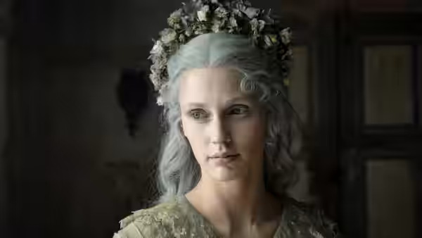 Fata Turchina, wearing a crown of flowers, looks to the side