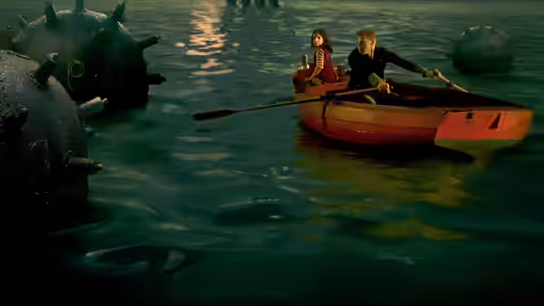 A girl and boy row a red boat across dark water past large spiked buoys