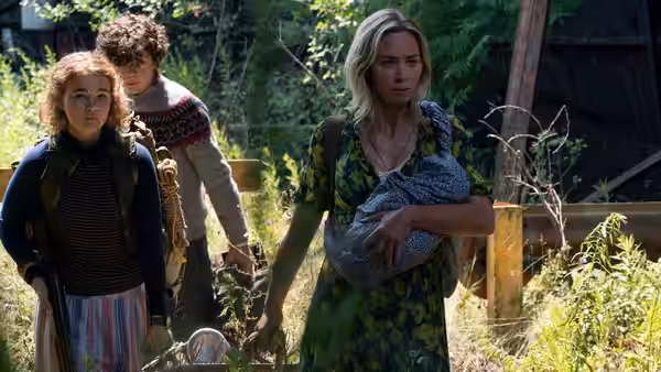 Regan Abbott (Millicent Simmonds), Marcus Abbott (Noah Jupe) and Evelyn Abbott (Emily Blunt) move through the woods
