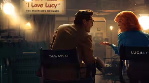Desi Arnaz (Javier Bardem) and Lucille Ball (Nicole Kidman) talk in their studio chairs